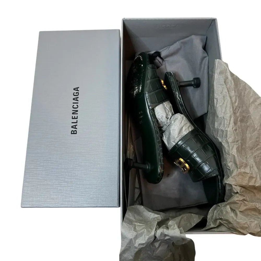 Balenciaga Groupie BB Sandal in Green Croc-Embossed Calfskin leather Size 37.5